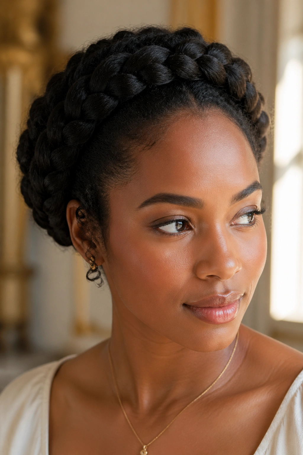 Close-up of a person with a halo braid around the head
