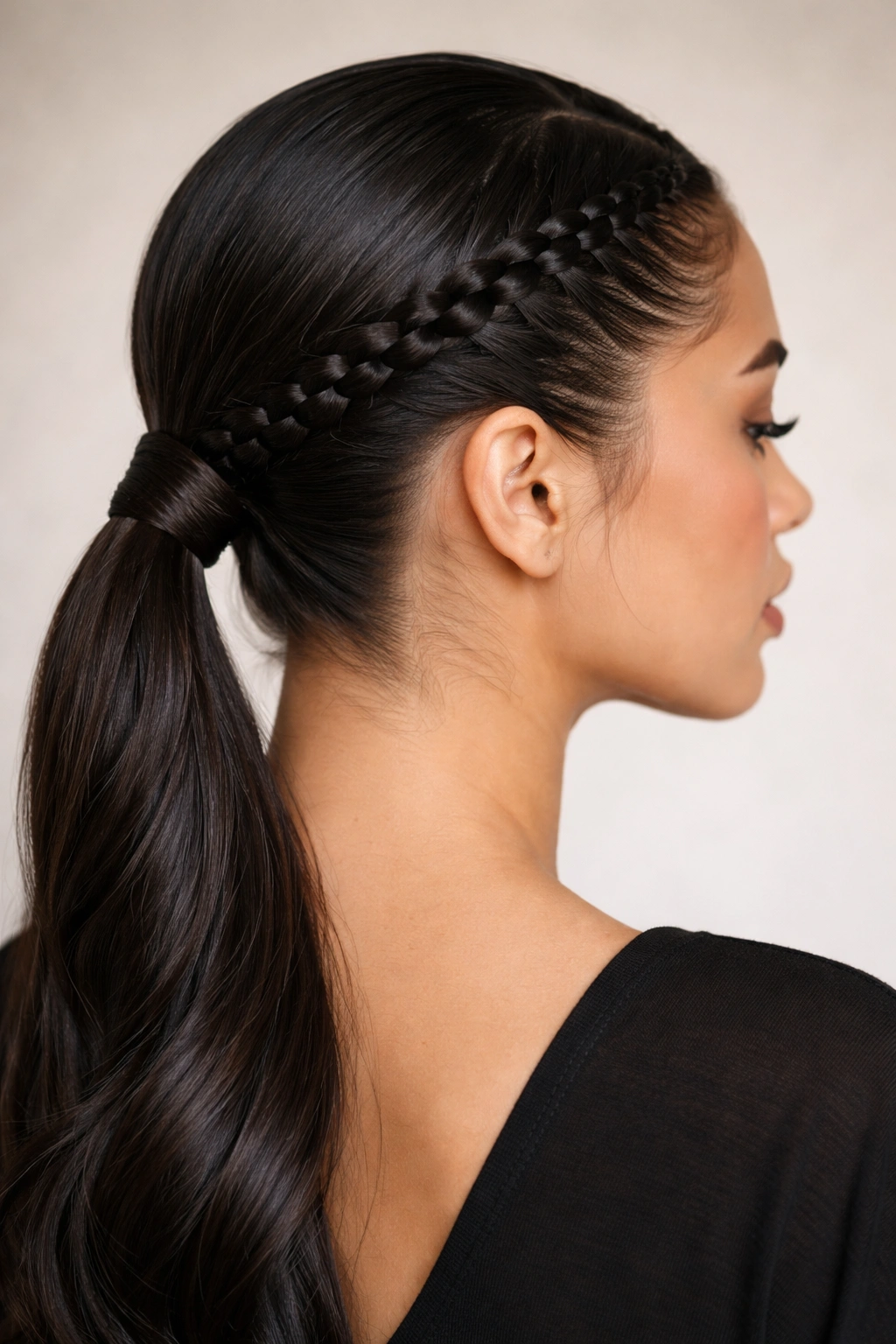 Halo braid around the head feeding into a low ponytail at the nape