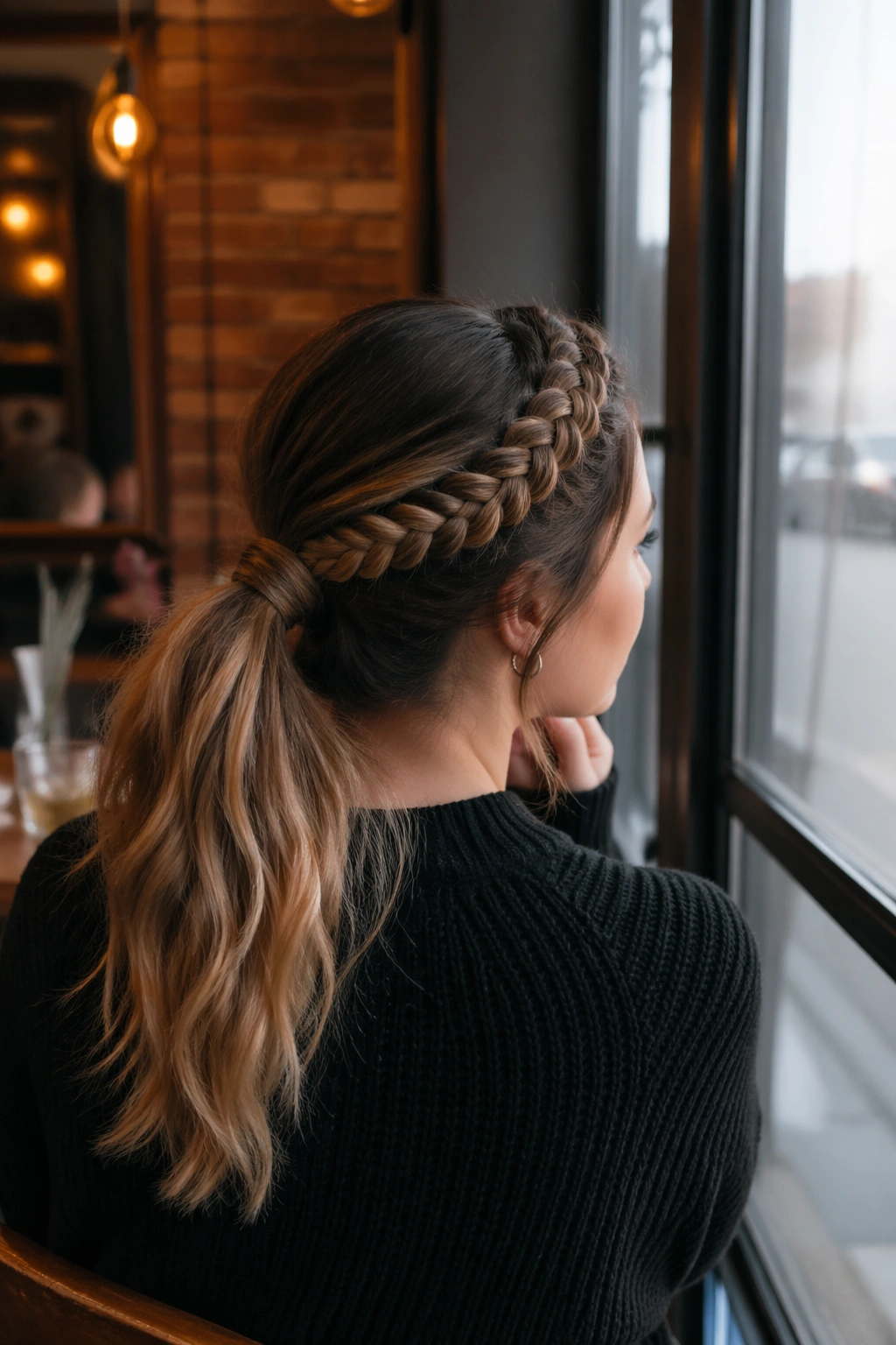 Over-the-shoulder cafe shot of halo braid ponytail