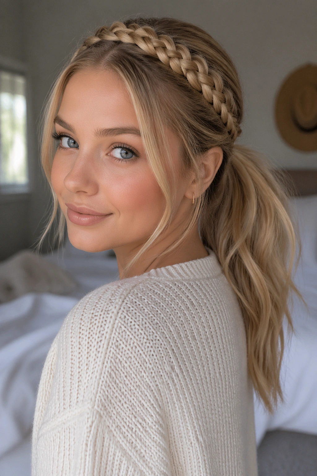 Close-up of a real woman with a halo braid framing the face and flowing into a mid ponytail