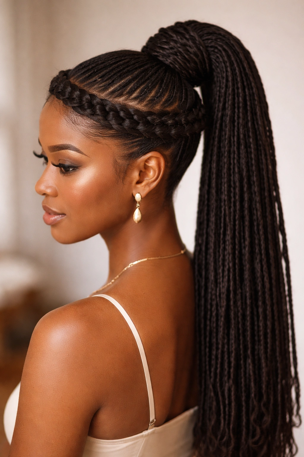 Ponytail encircled by a halo braid around the hairline