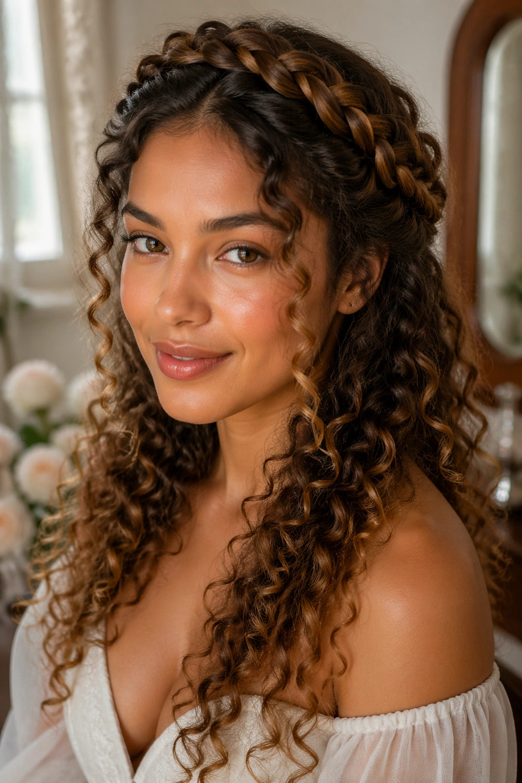 Close-up portrait of a real woman wearing a halo braid with loose ringlets around shoulders.