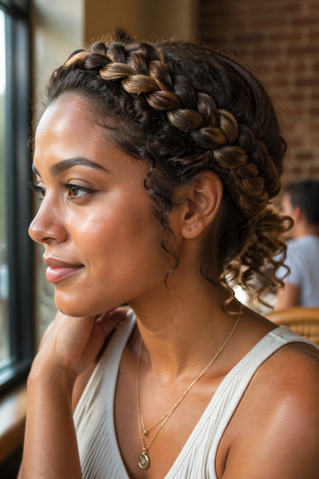 Halo braid around head with loose nape ringlets on a real woman