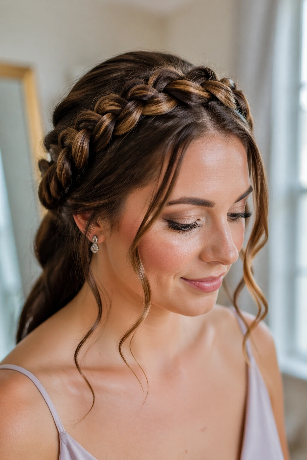 Halo braid with loose tendrils on a real bridesmaid in soft window light