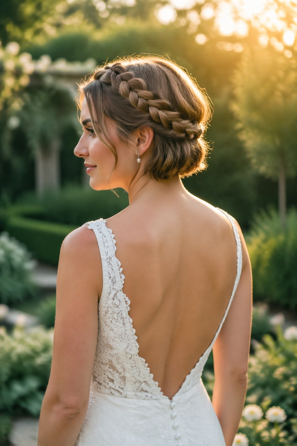Halo braid circled around crown with tucked ends in garden sunset.