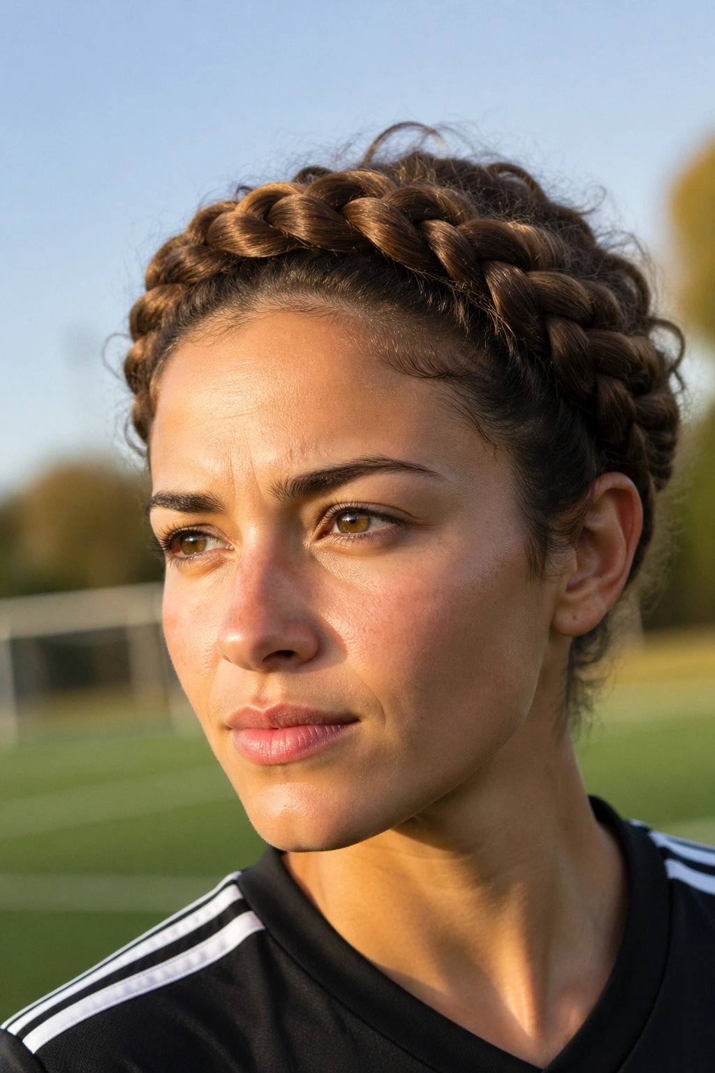 Close-up of halo braid with tucked ends on a real person during outdoor soccer practice