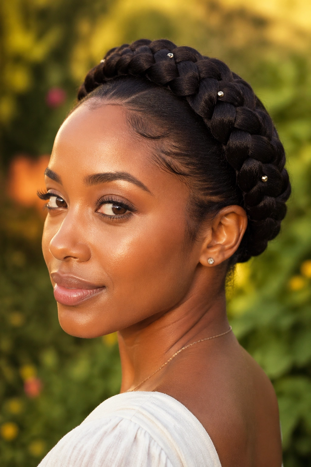 Close-up of a real woman with a halo braid crown around her head