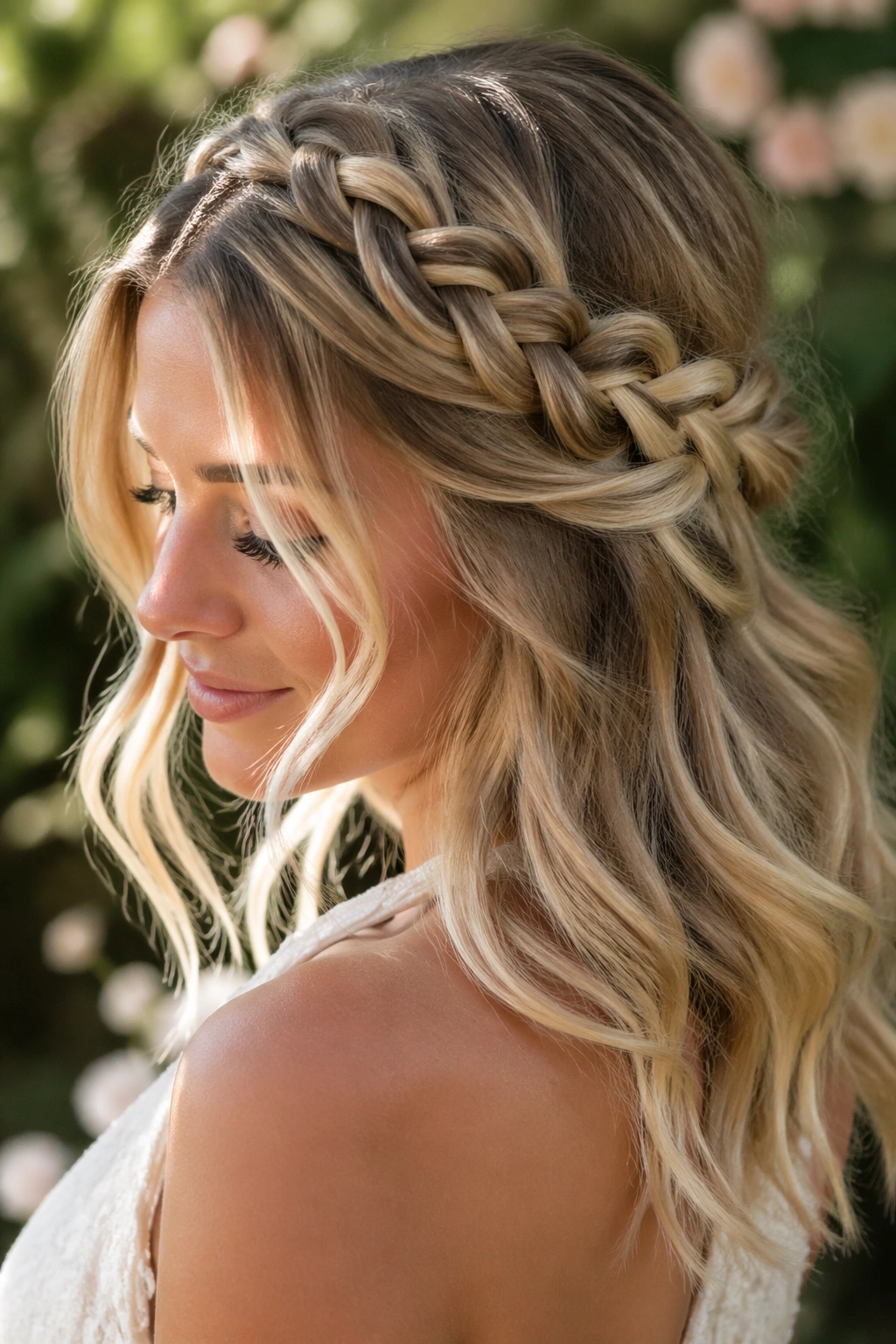 Close-up of a real woman with a loose halo braid over waves in layered hair