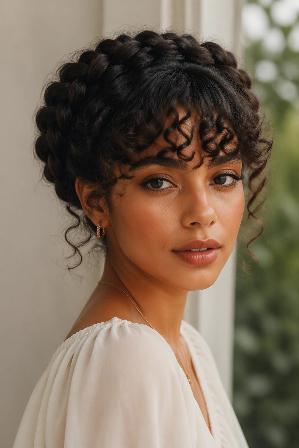Real woman with halo bun and rounded curly fringe, soft light.