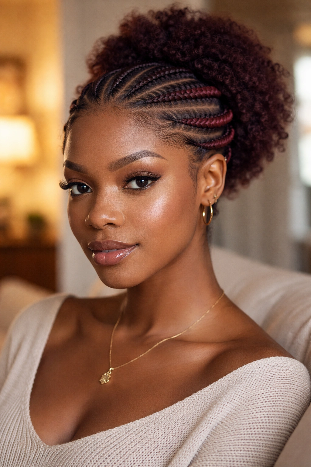 Real person with burgundy halo cornrow and natural crown texture