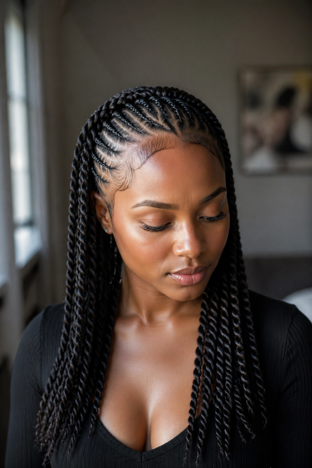 Real woman wearing halo cornrow with cascading twists