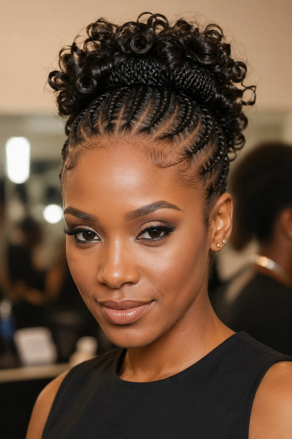 Close-up of a real woman wearing a halo crown of small cornrows and a curly finish bun