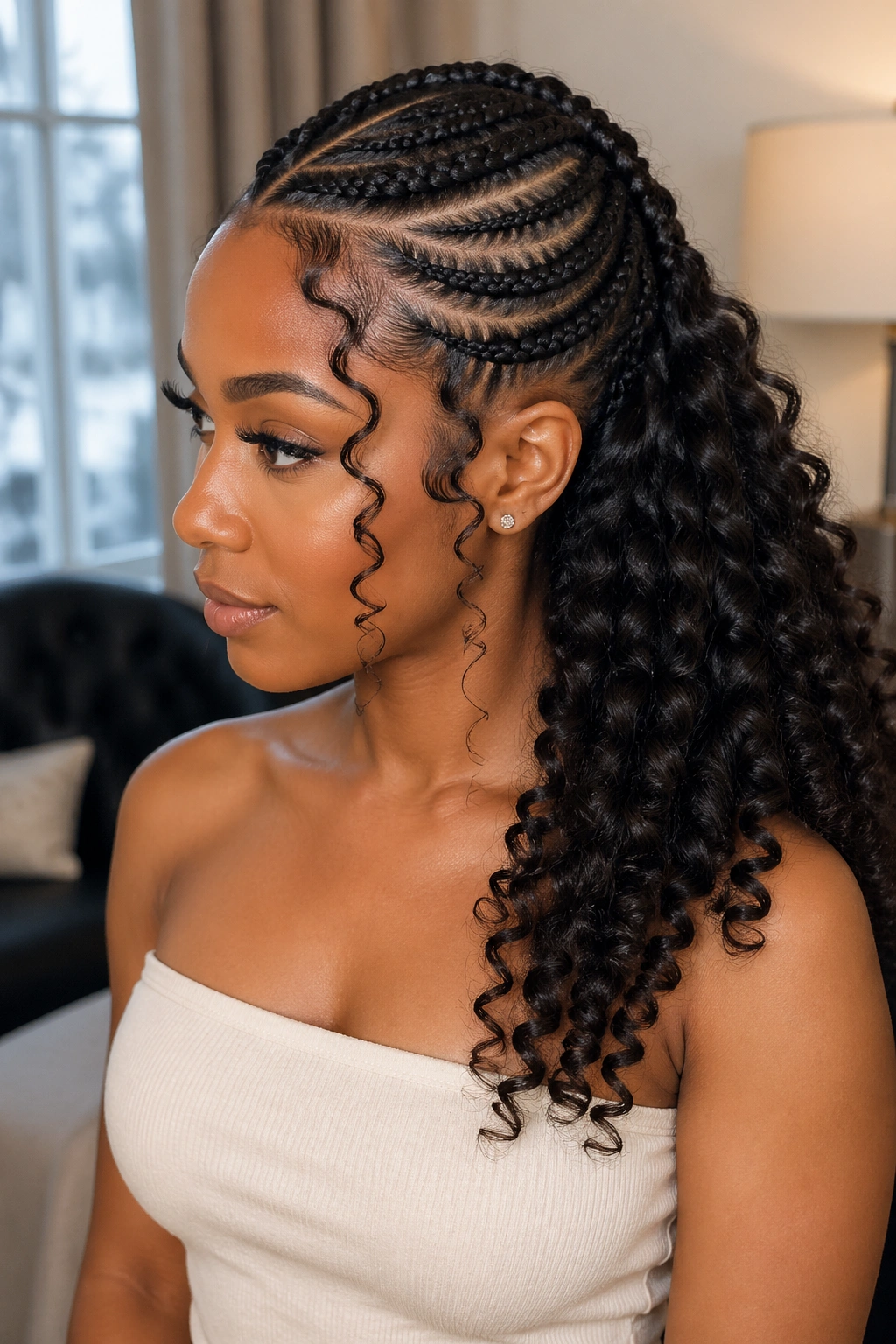 Portrait of halo cornrows cascading into a back curl cascade.