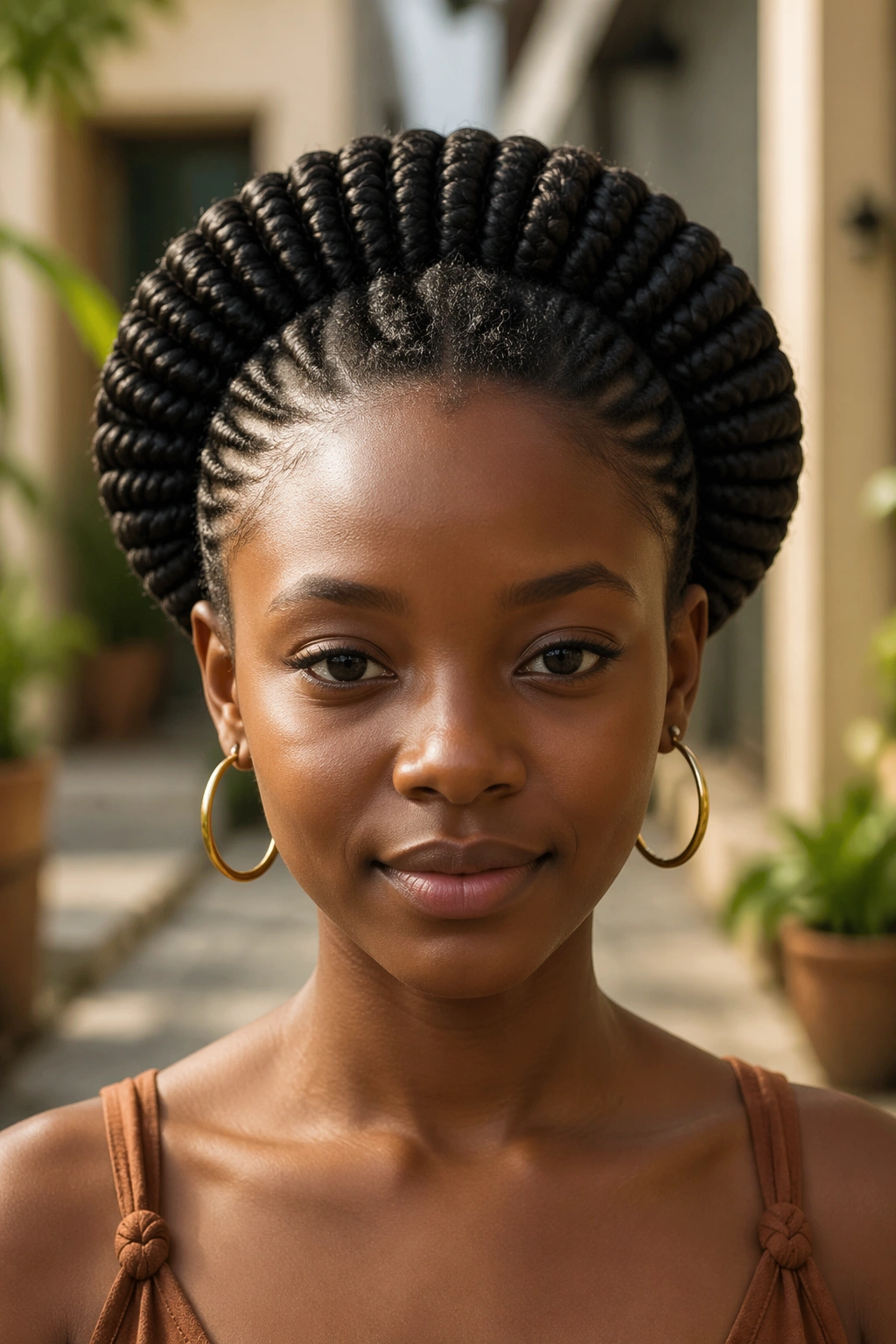 Portrait of a woman with cornrows forming a circular halo around the head.