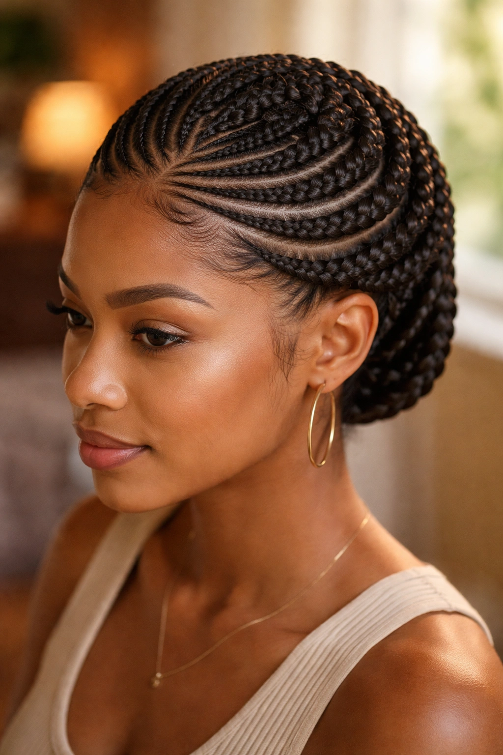 Close-up of halo cornrows forming a circular crown around the head