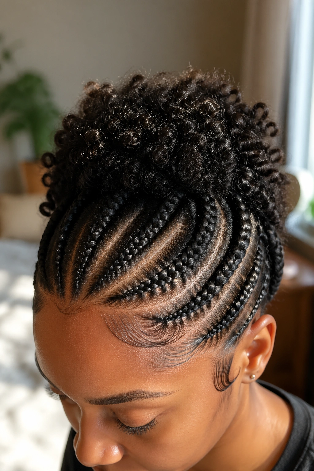Halo cornrows with curl crown on a real person