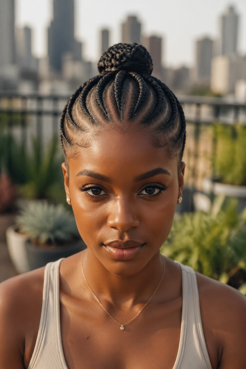 Real woman with halo cornrow pattern and small high bun