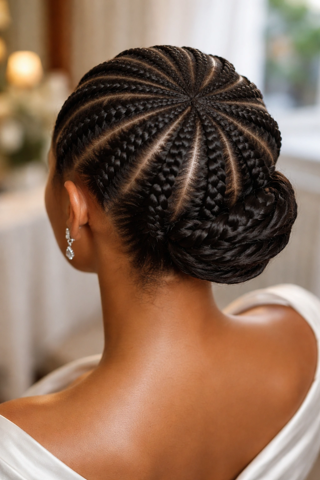 Close-up of six cornrows forming a halo at the crown on a real person