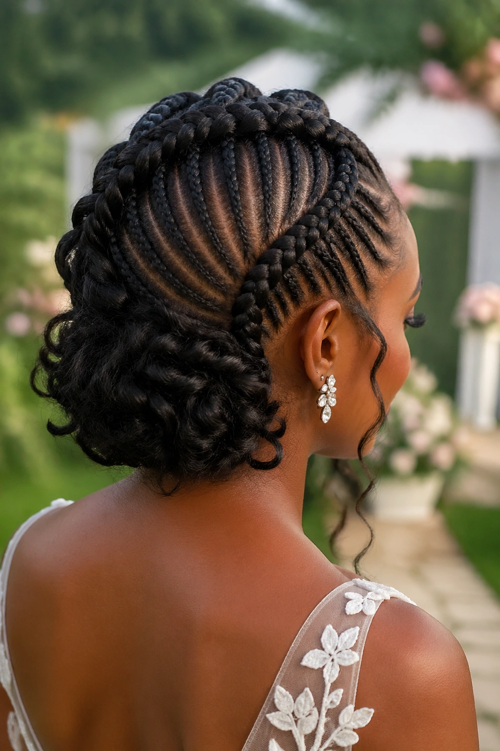 Halo crown braids around head with curl wreath at nape