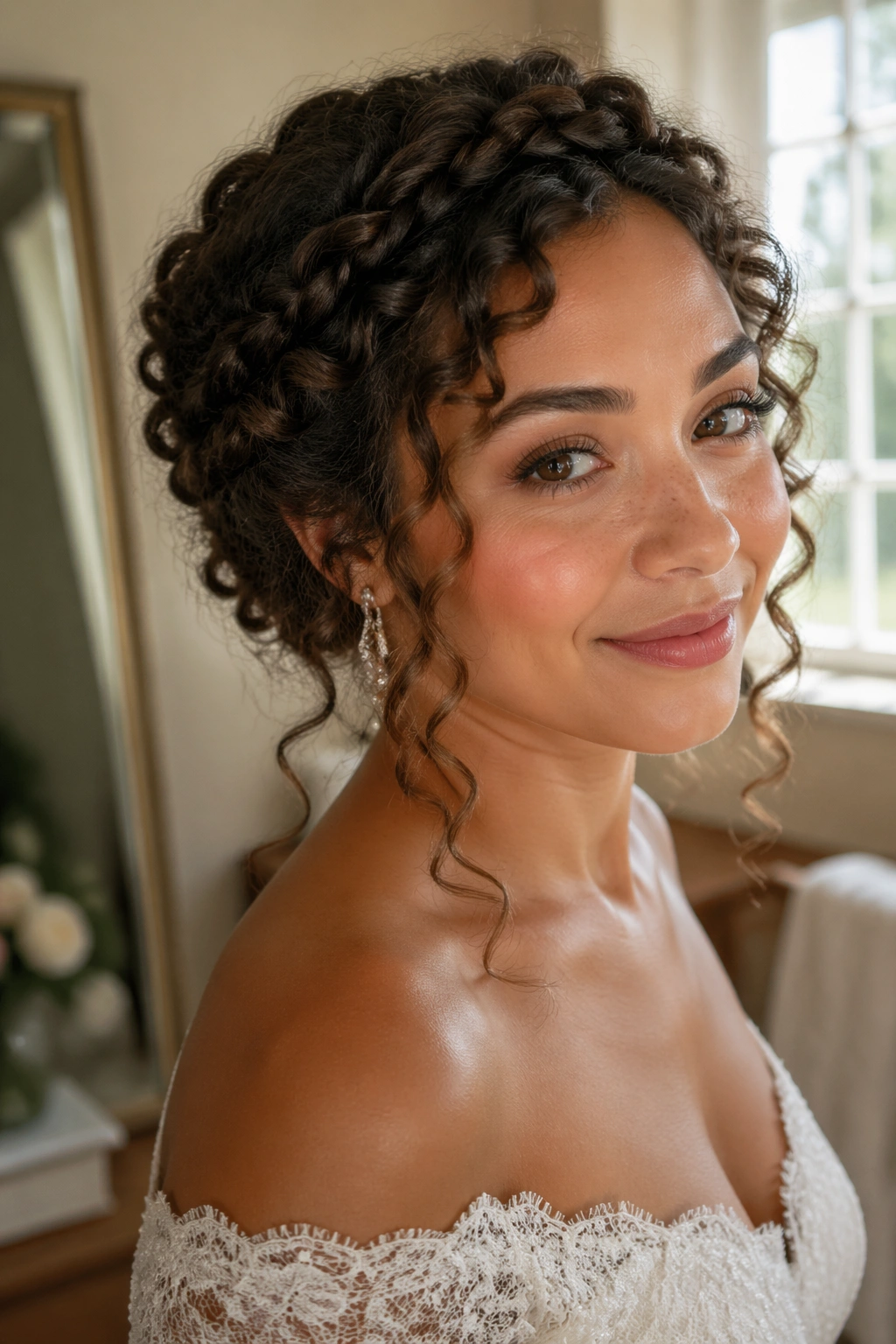 Close-up of a bride with halo crown braid and spiral ends framing the face
