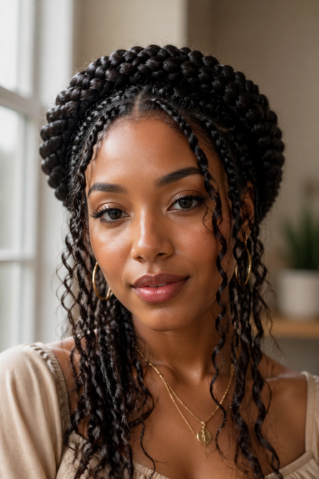 Close-up of a real woman wearing a halo crown braid with soft curls and warm window light