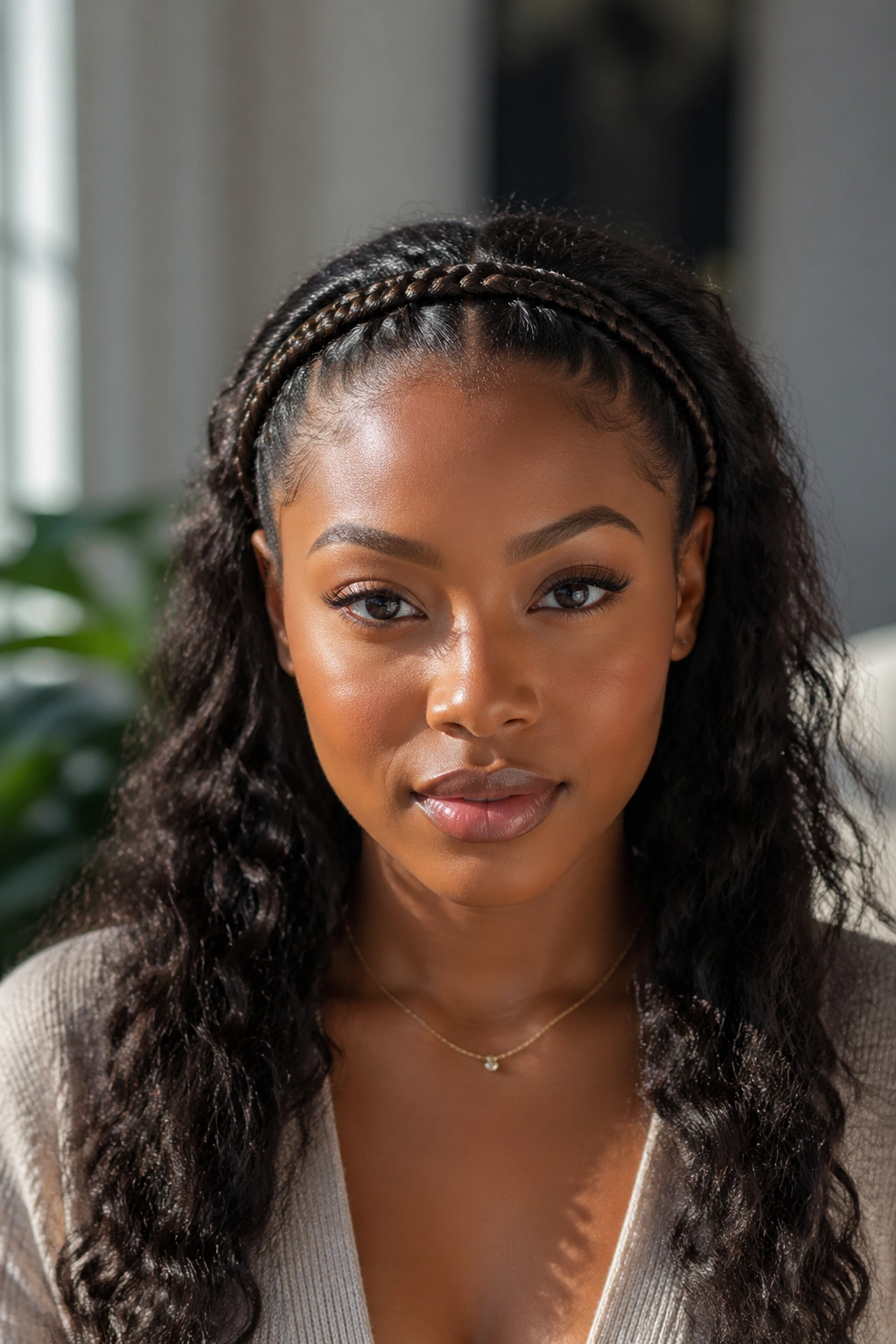 Close-up of a real person wearing a halo crown made of small cornrows.