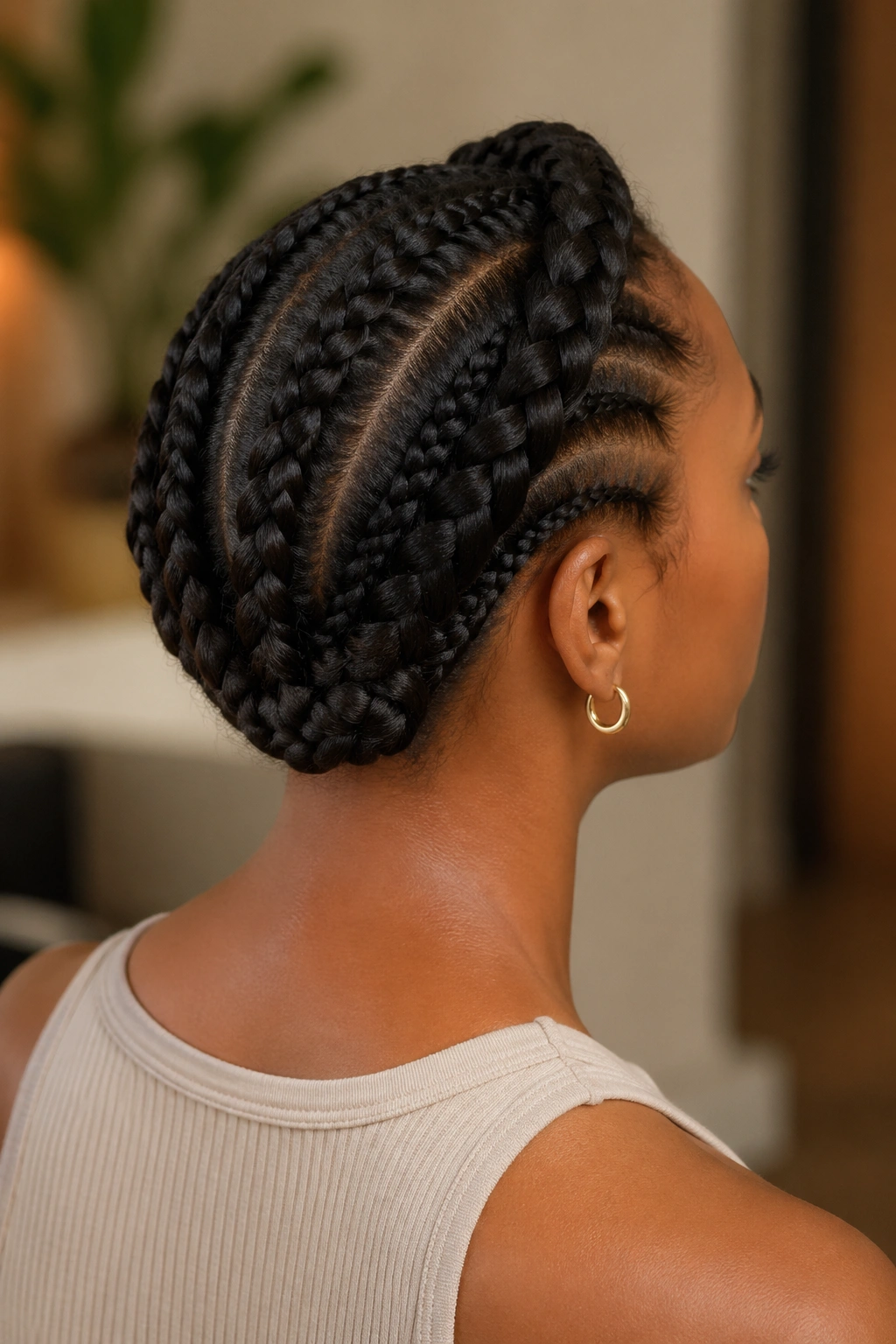 Portrait of a real person wearing a halo crown cornrow updo with tucked ends