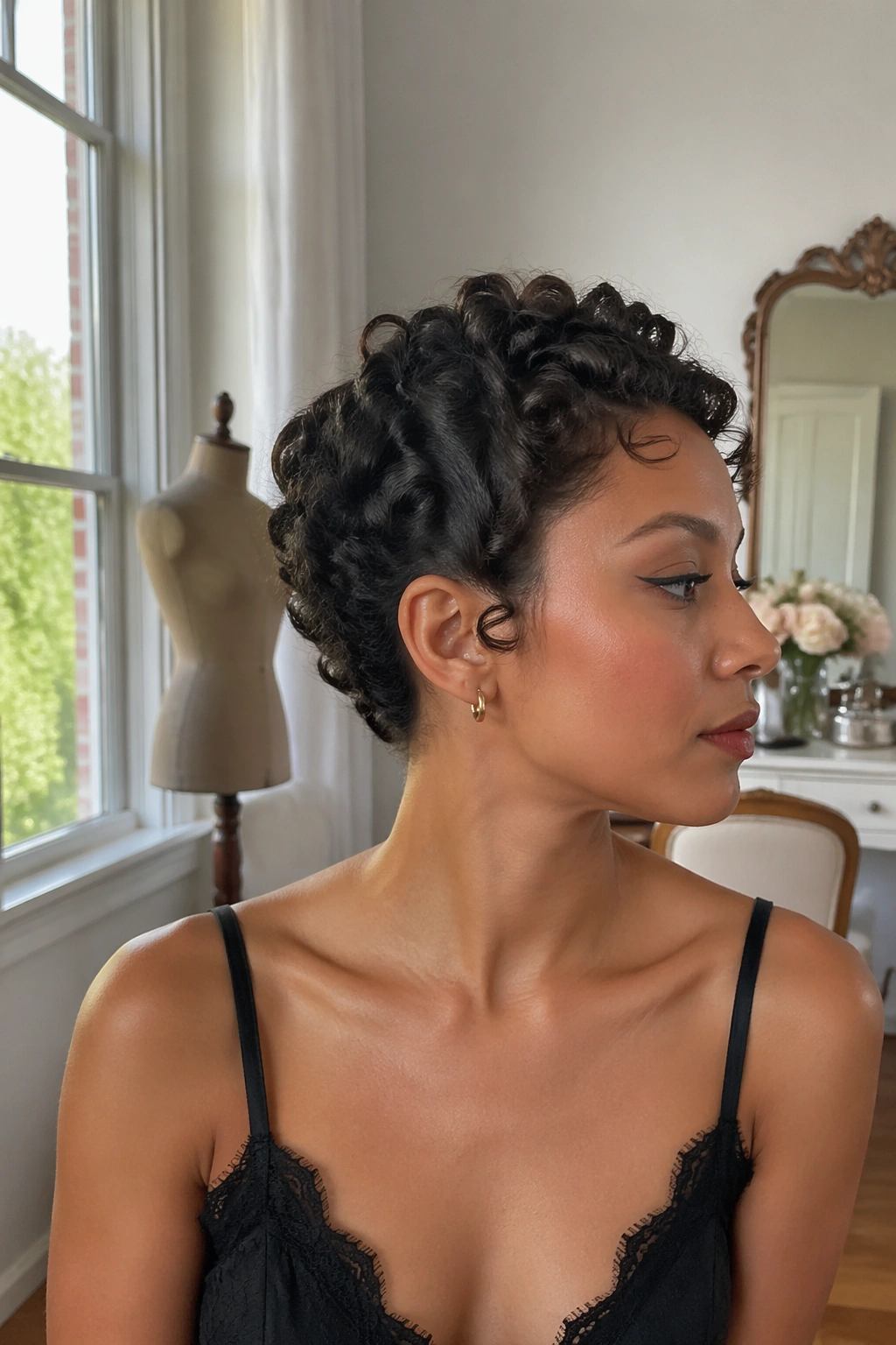 Wide shot pinned halo curls on a cropped curly cut in bright room