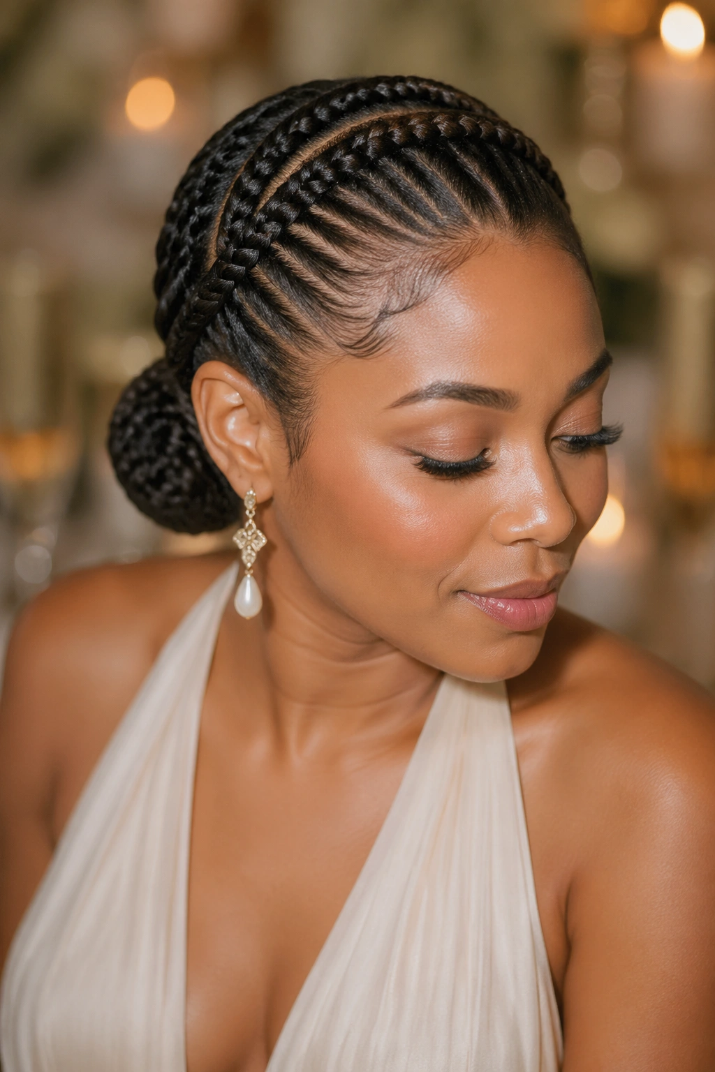 Halo cornrows around the crown forming a small bun on a real person