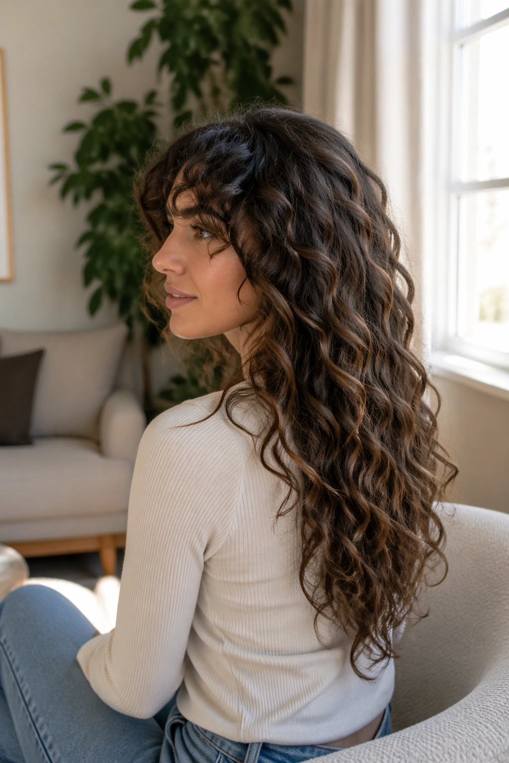 Long layered curls with halo hair resting behind the hairline.