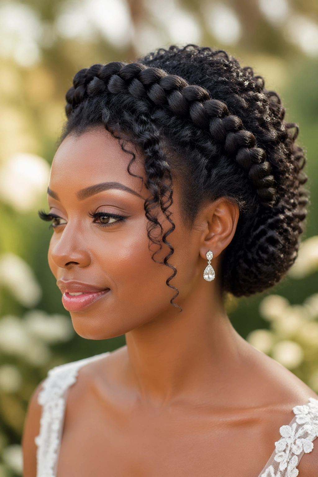Close-up of real bride with halo twist crown on natural curls outdoors