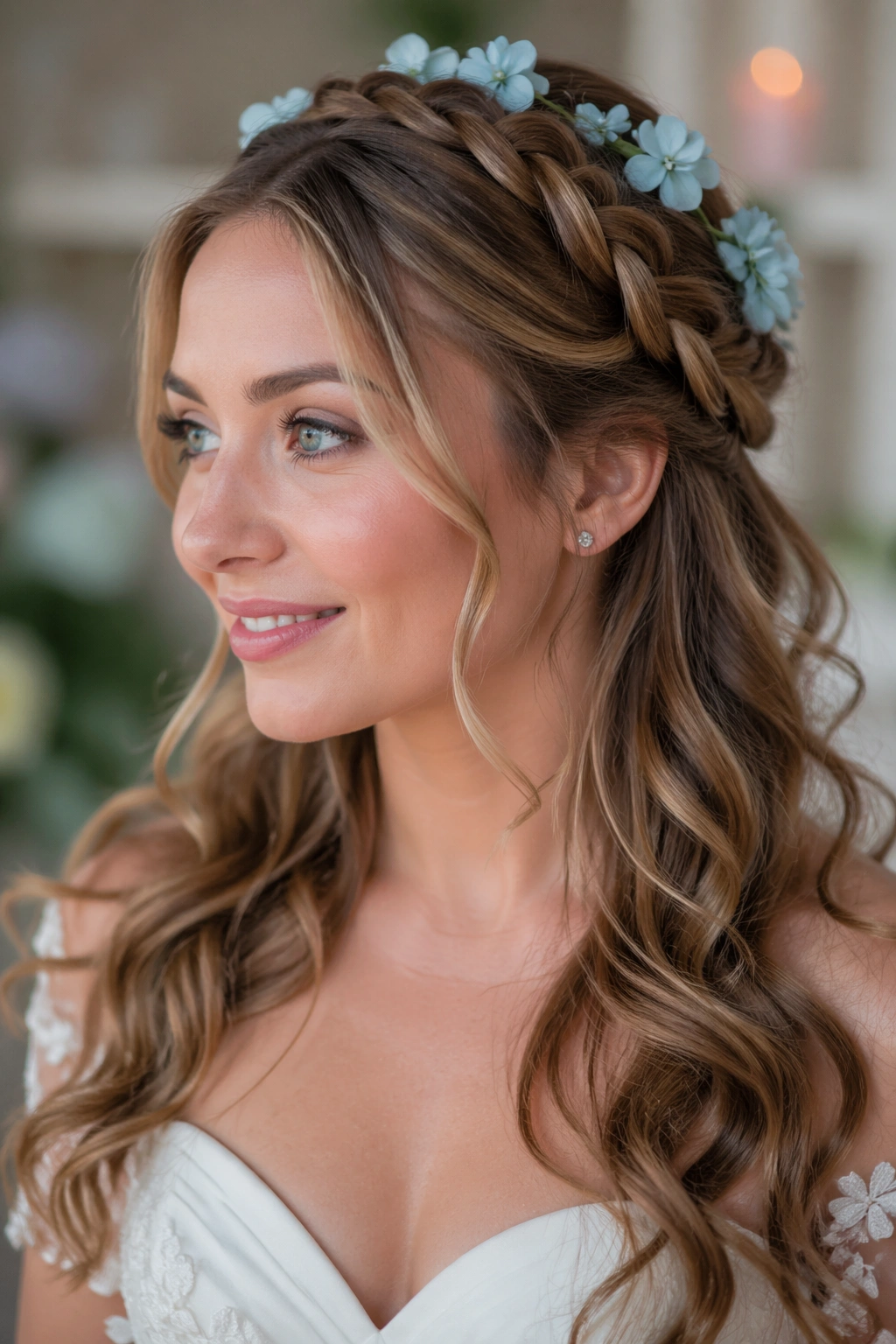 Close-up of a real woman with a halo twist hydrangea hair adornment in a braided half up half down style.