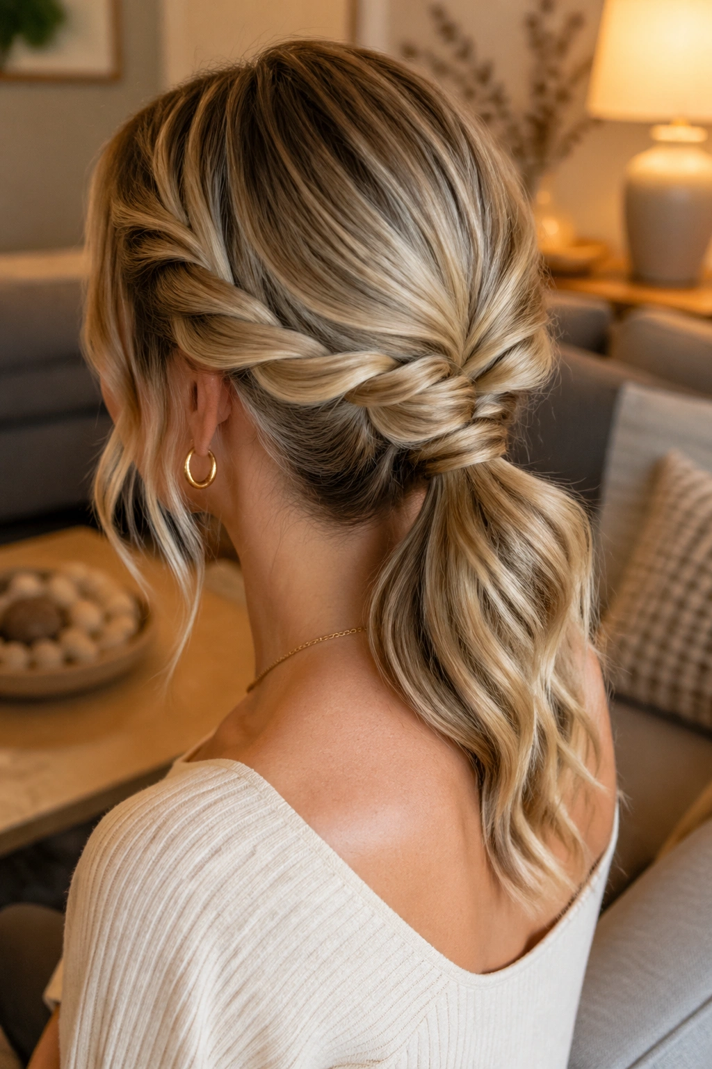 Rear 3/4 view of halo-twist ponytail with front twists framing the head