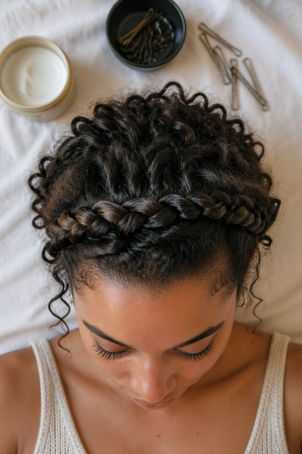 Top-down view of twisted halo updo tools and curls