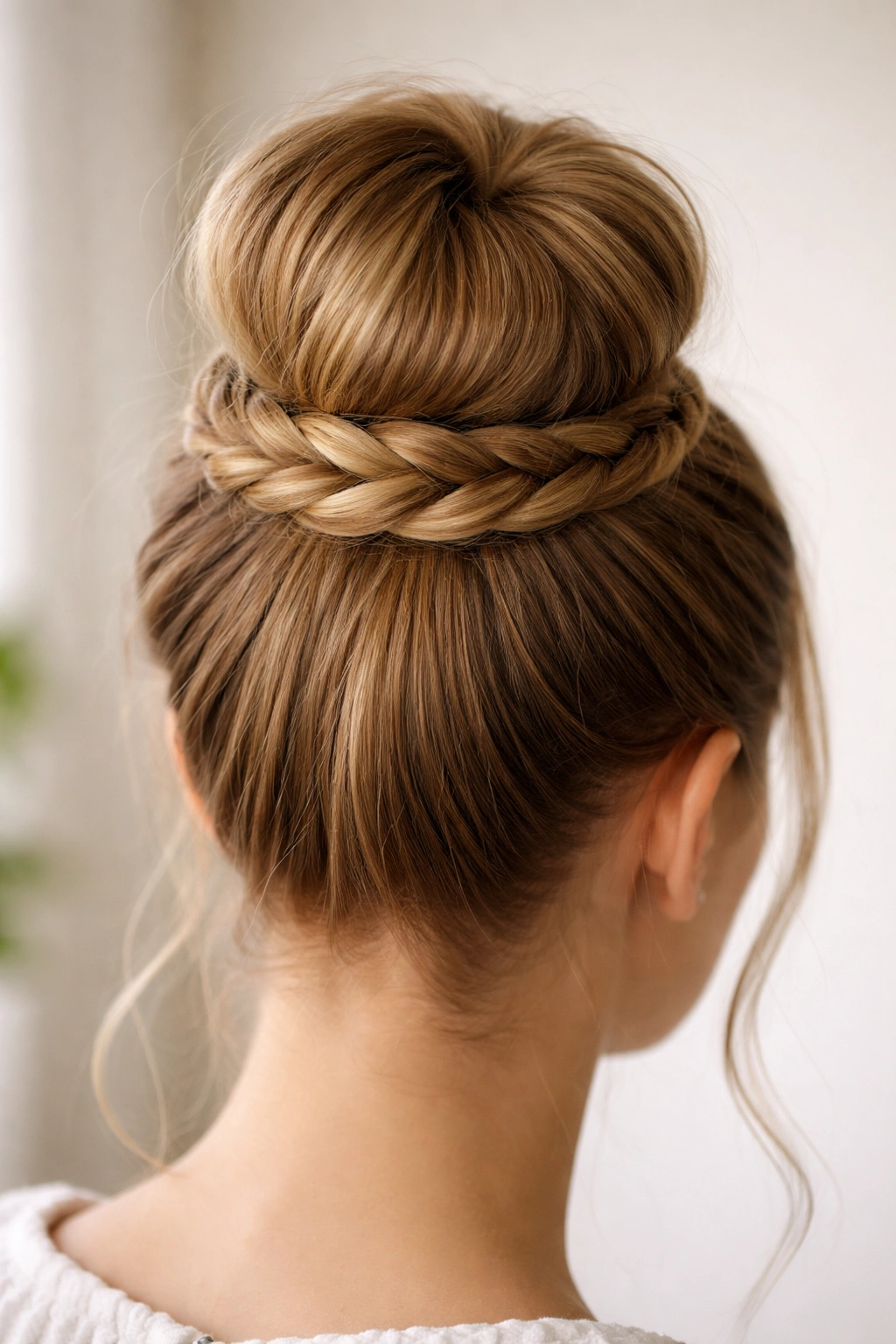 Close-up of halo-wrap bun with halo loop around crown