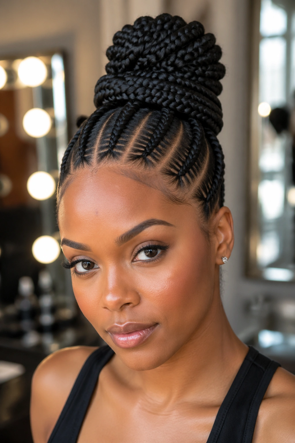 High bun with halo wrap created by a thick stitch braid around the base