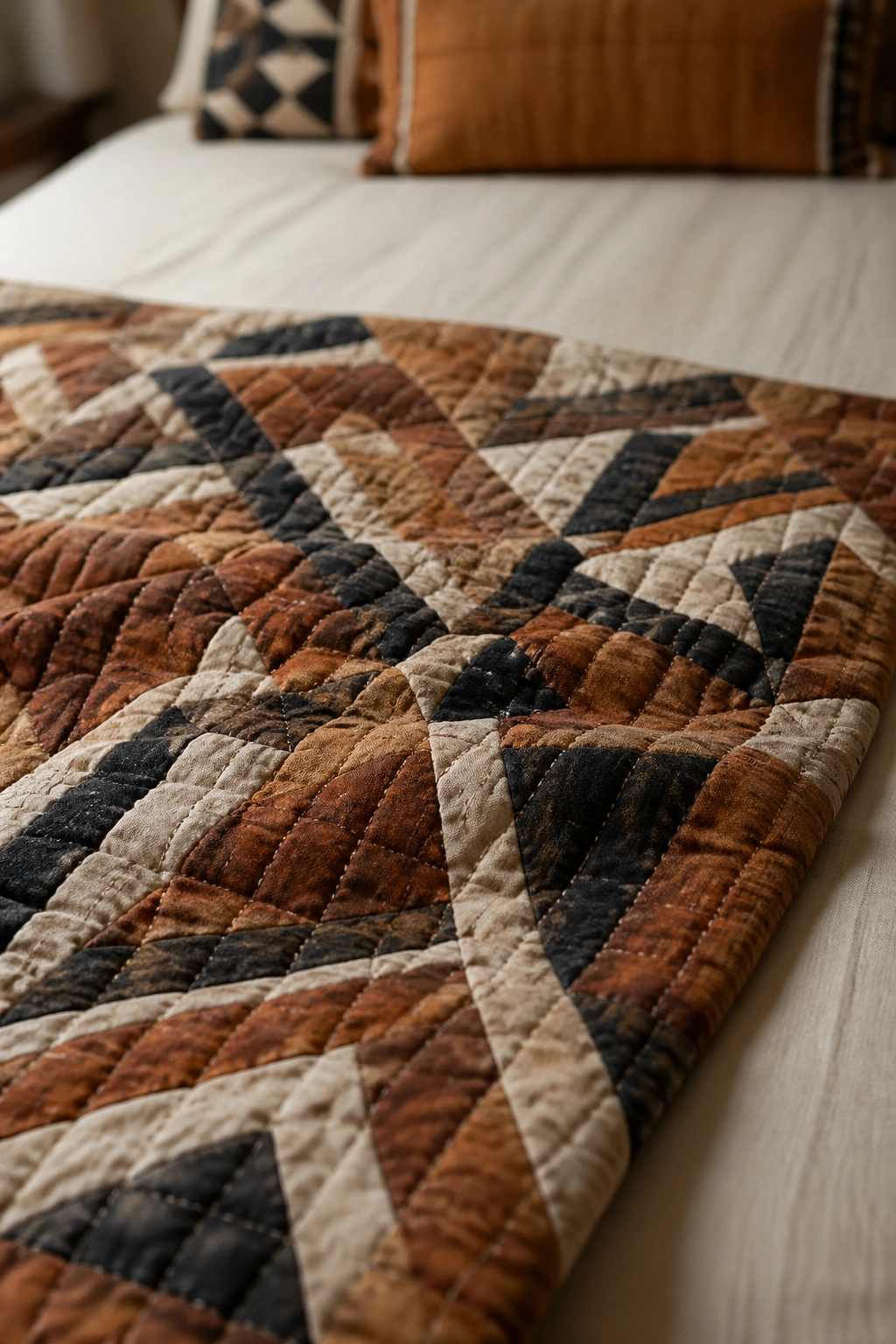 Geometric hand-quilted throw on a bed.