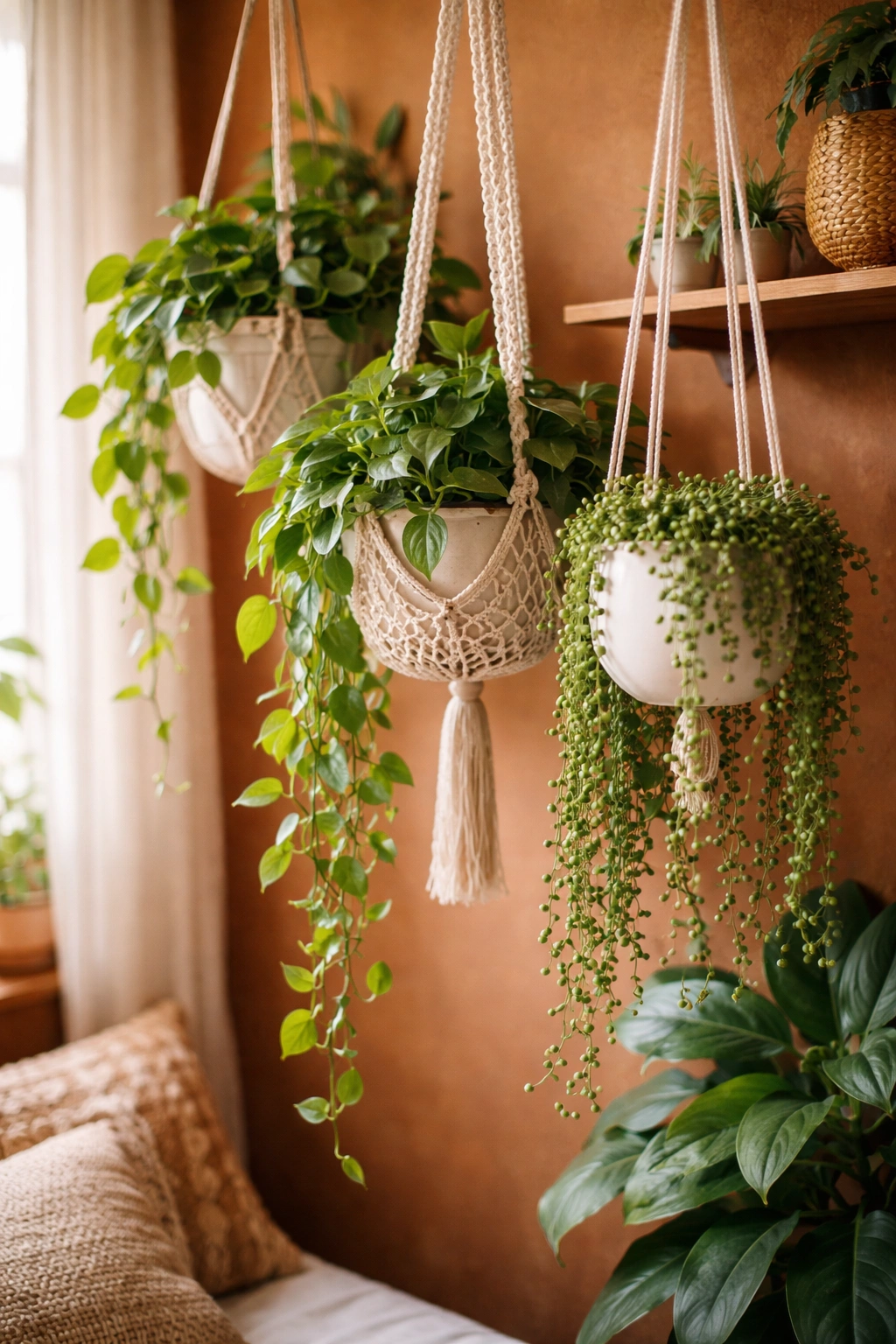Close-up of hanging plants in macrame and ceramic pots in a softly lit bedroom