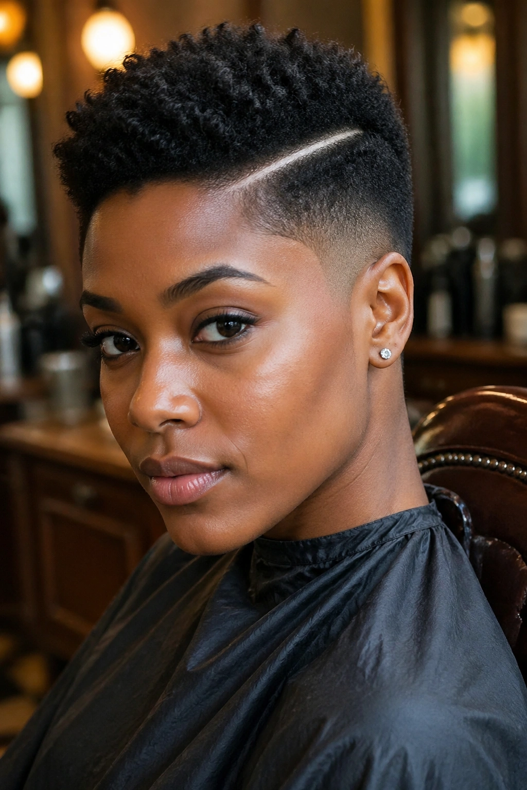Close-up of a real person with a clean hard part on a tapered natural haircut