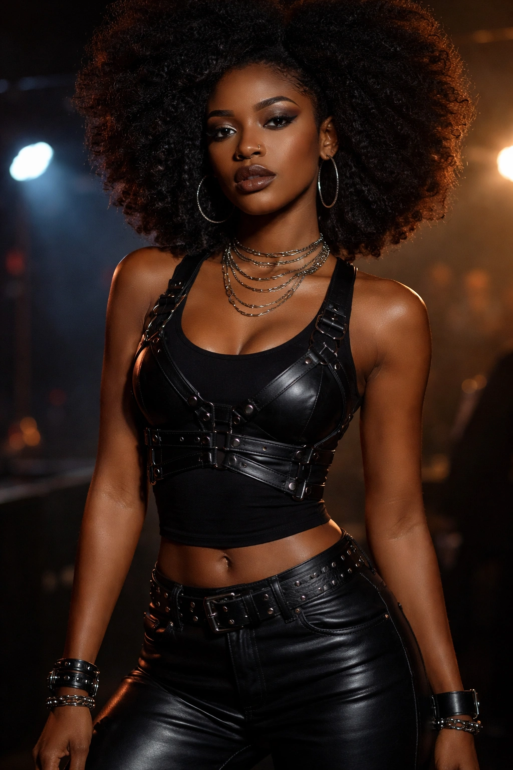 Real woman in black leather harness top and leather pants under dramatic lighting