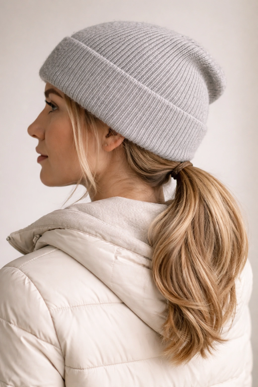 Low ponytail at nape under a hat with smooth top