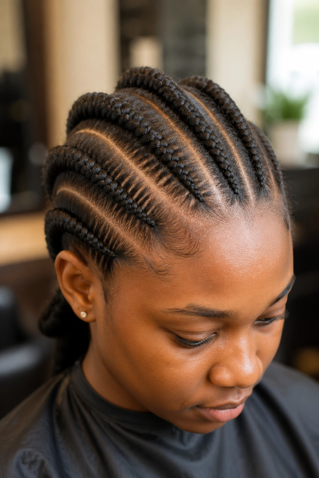 Close-up of a real woman with elevated Hausa-style ridged cornrows in a salon setting