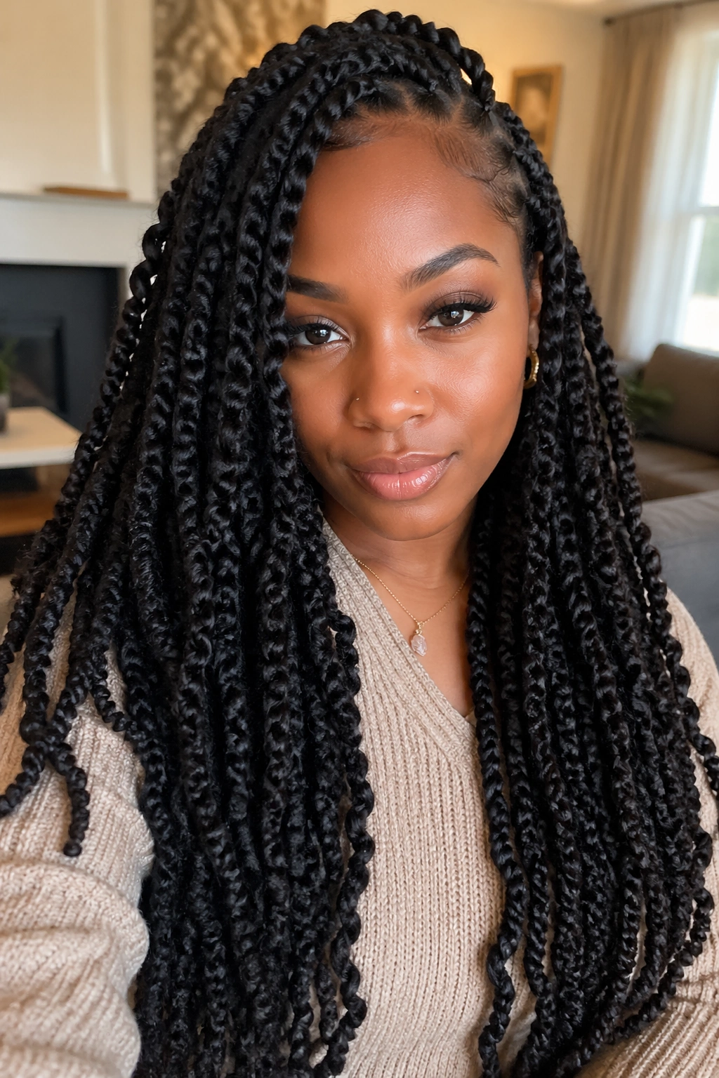 Close-up of a real woman with thick Havana twists crochet hairstyle.