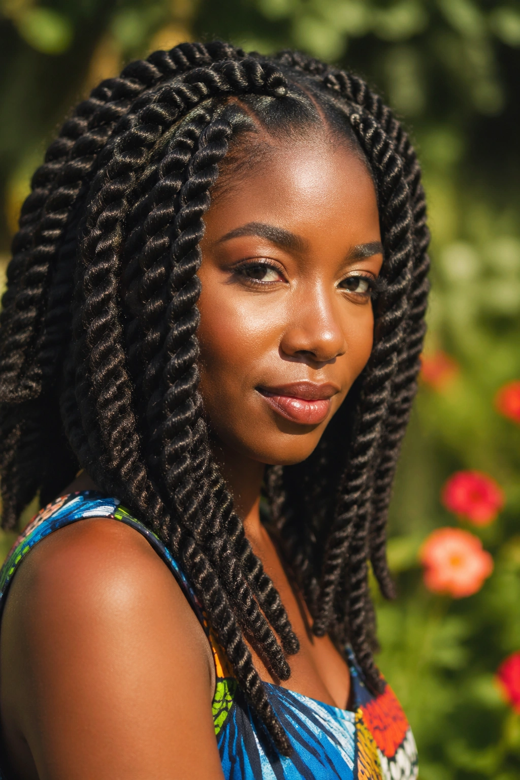Close-up portrait of a real woman with Havana Twists outdoors.
