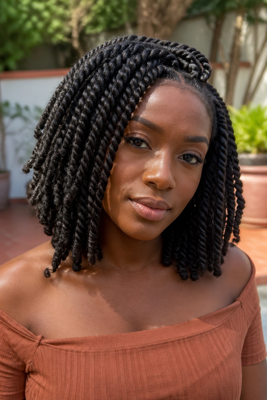 Real woman with Havana twists of natural-length hair in sunlight.