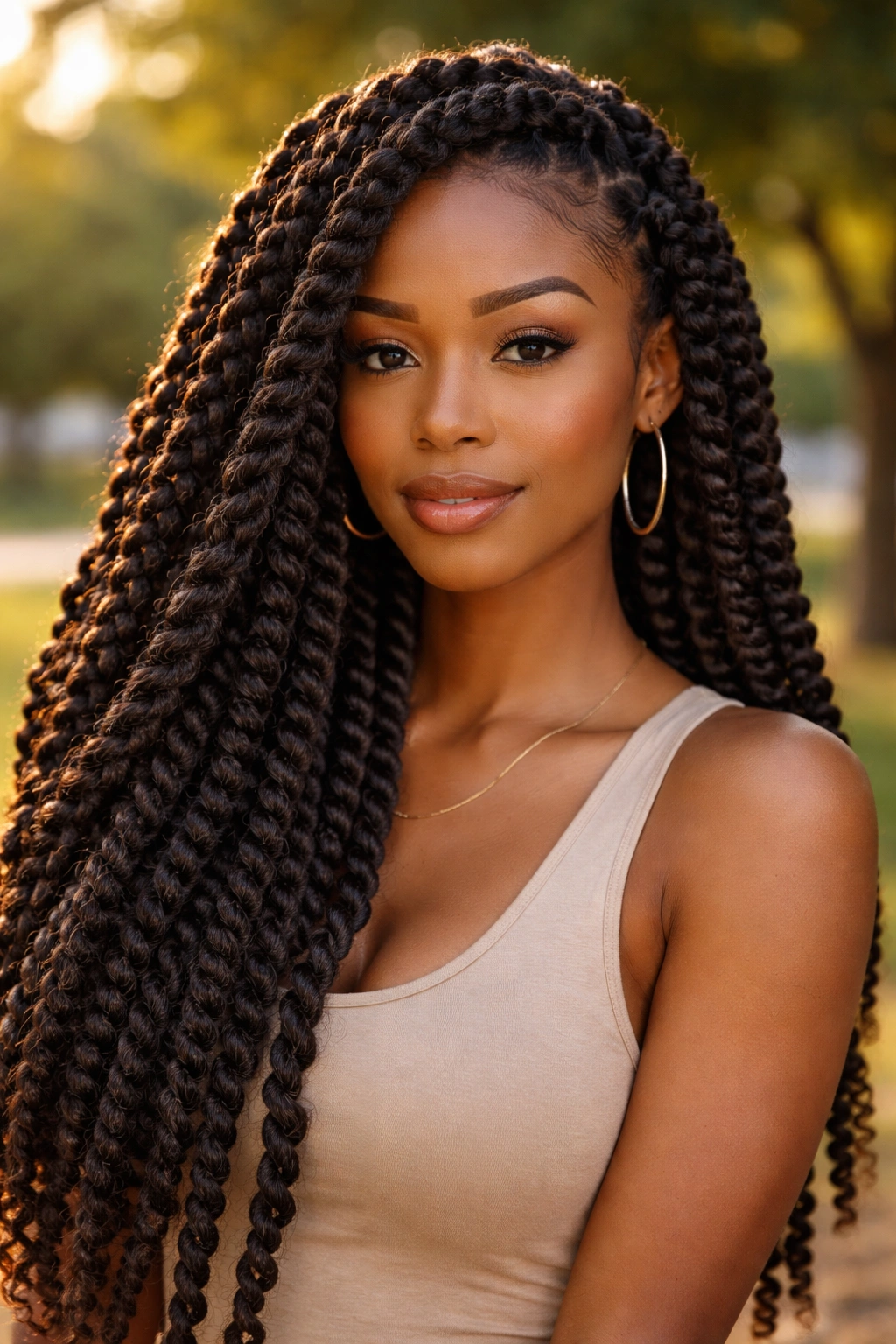 Close-up of a real woman wearing large Havana twists