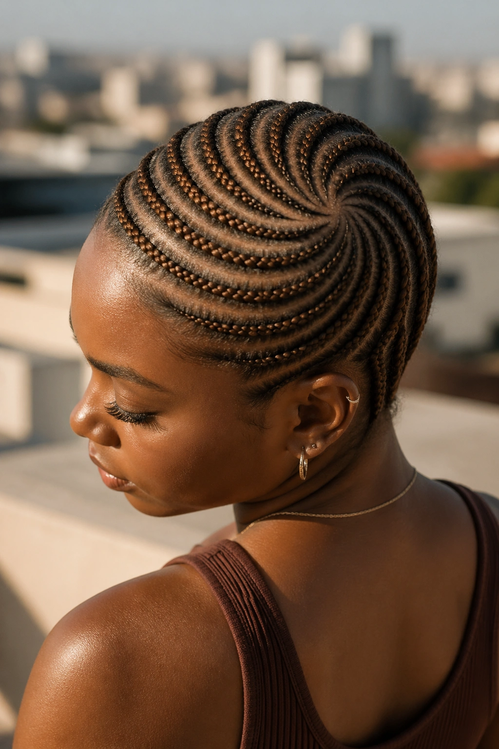 Close-up of a real person with hazelnut brown spiral cornrows radiating from the crown.