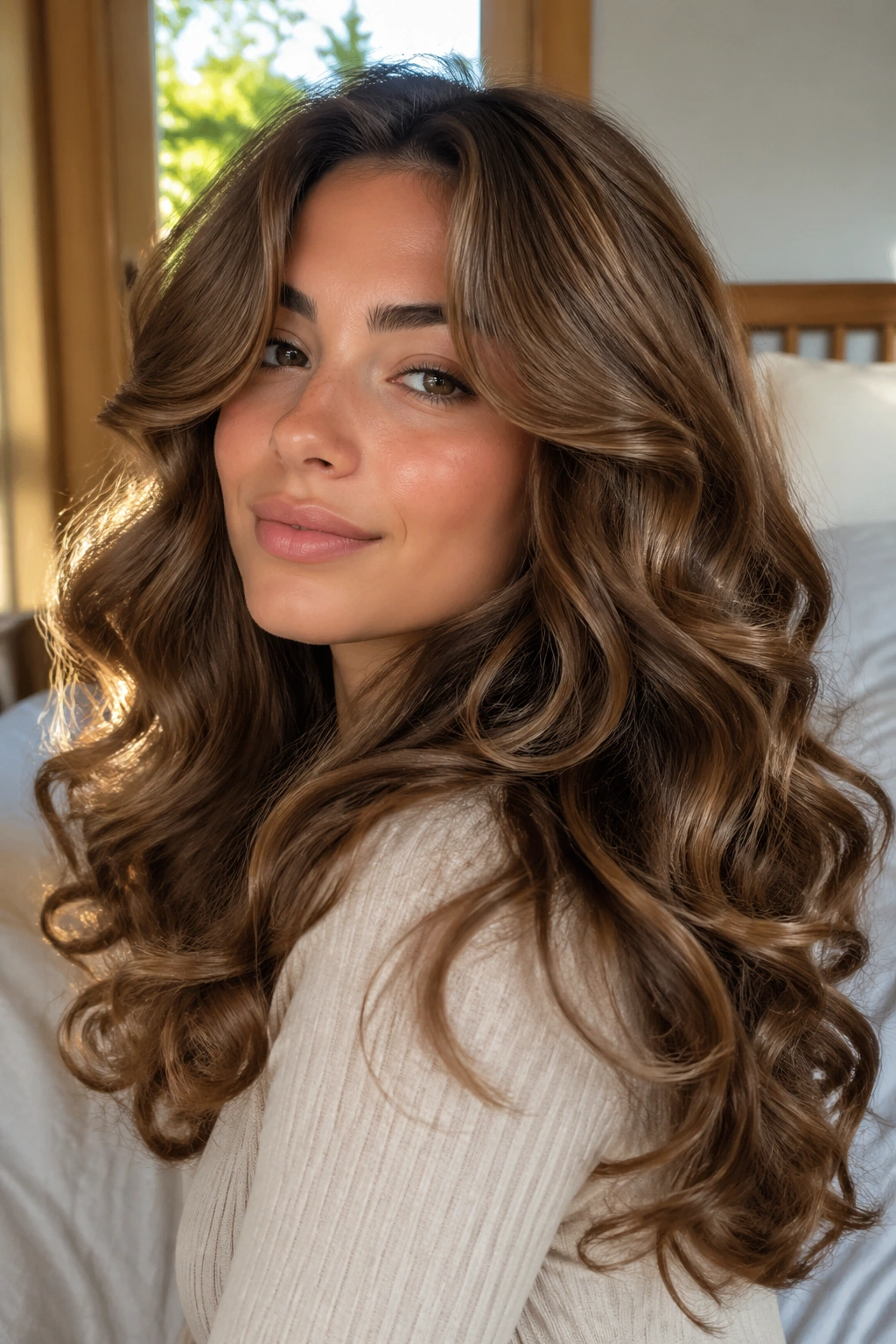 Close-up portrait of a real woman with hazelnut hair and large barrel curls framing her face