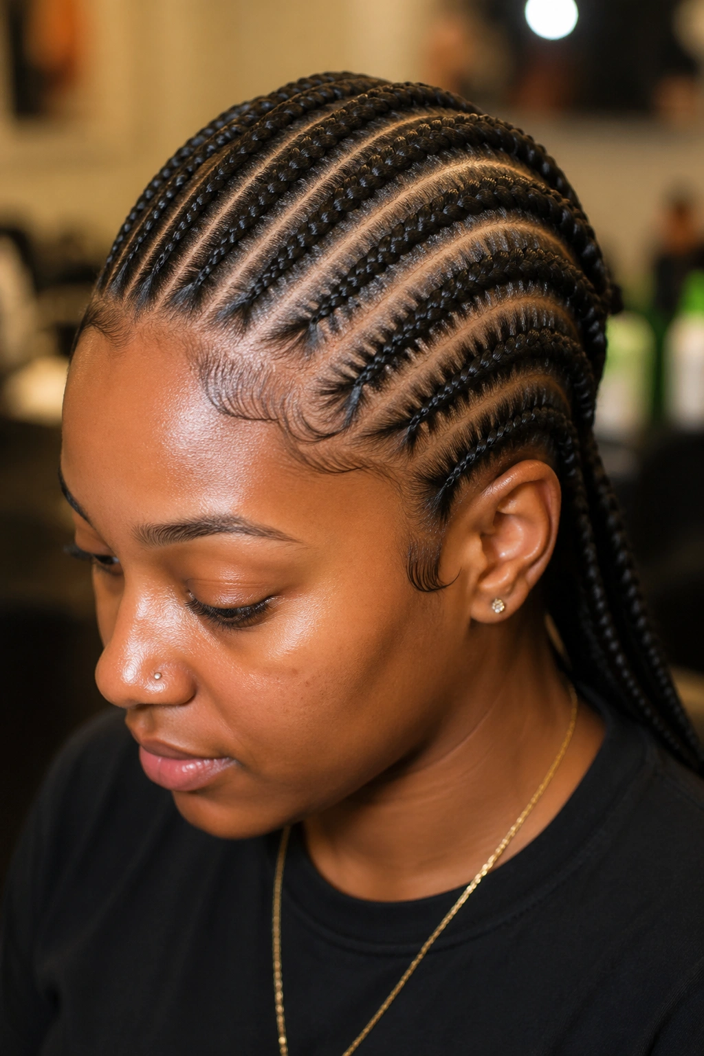 Portrait of person with twenty cornrows showing fit relative to head shape