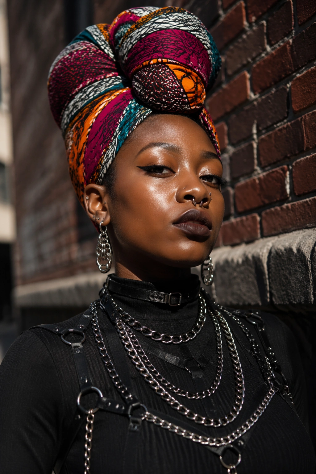 Close-up of a real woman wearing a vibrant head wrap and chain accessories on a city street